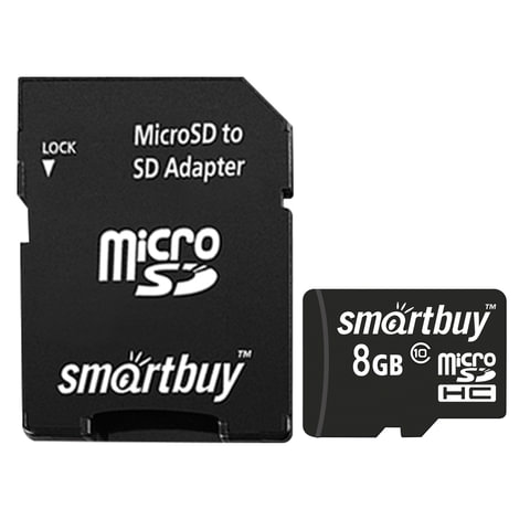 Карта памяти micro SDHC, 8 GB, SMARTBUY, 10 Мб/сек. (class 10), с адаптером, SB8GBSDCL10-01 оптом