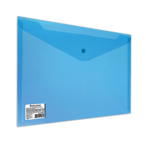 Папка-конверт с кнопкой BRAUBERG, А4, до 100 листов, прозрачная, синяя, СВЕРХПРОЧНАЯ 0,18 мм, 224813 оптом