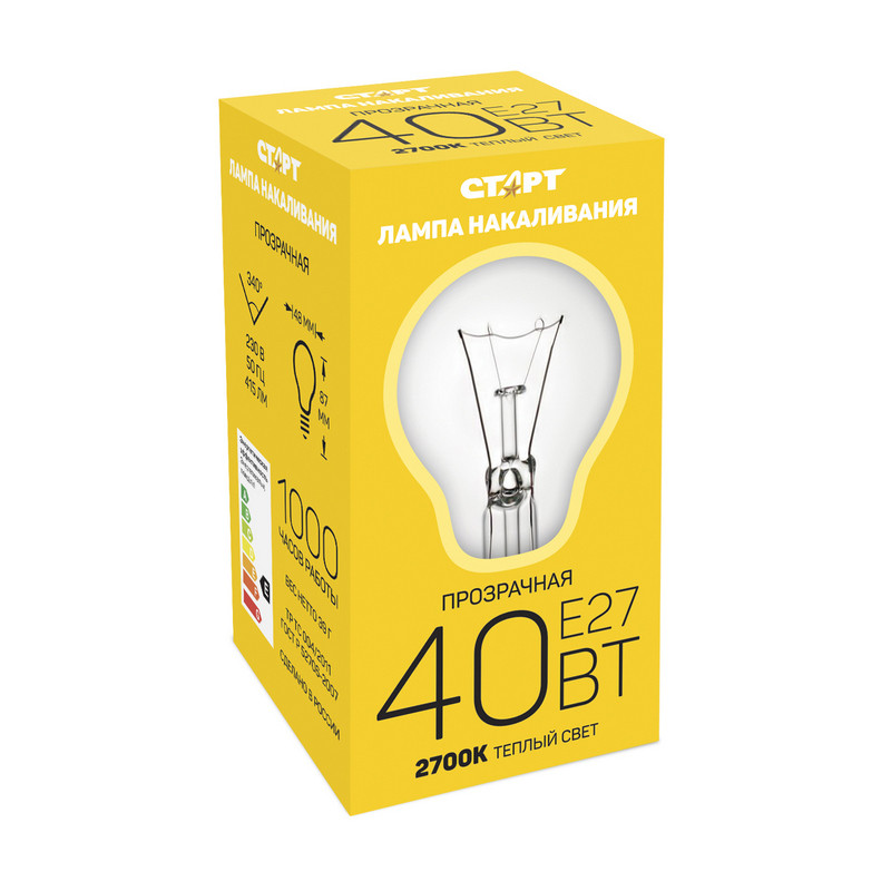 Электрическая лампа СТАРТ стандартная/прозрачная 40W E27 оптом