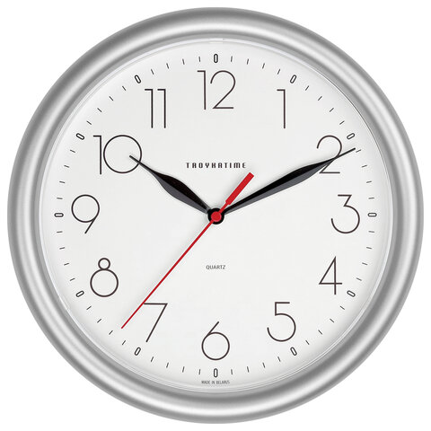 Часы настенные TROYKATIME (TROYKA) 21270212, круг, белые, серебристая рамка, 24,5х24,5х3,1 см оптом