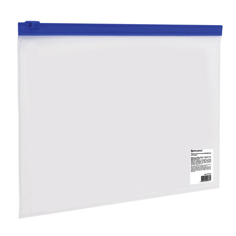 Папка-конверт на молнии МАЛОГО ФОРМАТА (245х190 мм), A5, прозрачная, молния синяя, 0,11 мм, BRAUBERG, 221227 оптом