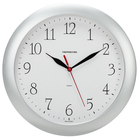 Часы настенные TROYKATIME (TROYKA) 11170113, круг, белые, серебристая рамка, 29х29х3,5 см оптом