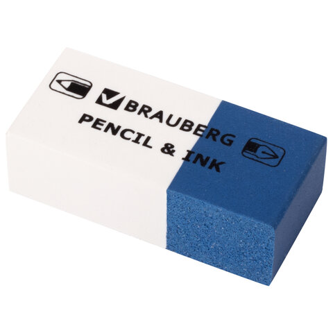 Ластик BRAUBERG "PENCIL & INK", 39х18х12 мм, для ручки и карандаша, бело-синий, 229578 оптом