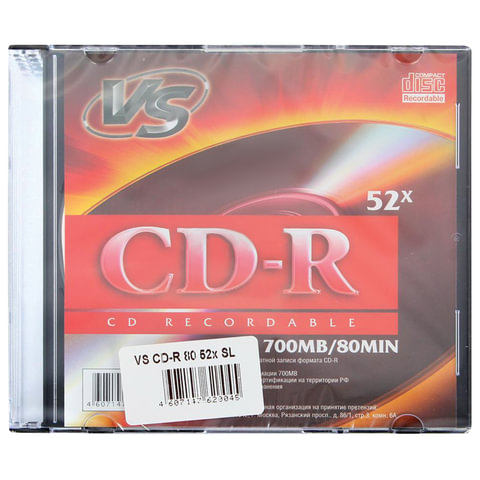 Диск CD-R VS, 700 Mb, 52x, Slim Case (1 штука), VSCDRSL01 оптом