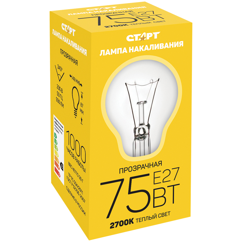 Лампа накаливания Старт Б 75W, E27, прозрачная оптом