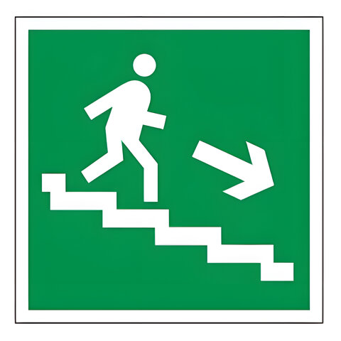 Знак эвакуационный "Направление к эвакуационному выходу по лестнице НАПРАВО вниз", квадрат 200х200 мм, самоклейка, 610018/Е 13 оптом