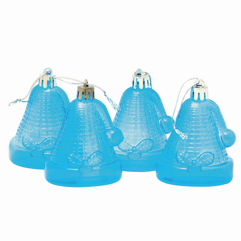 Украшения елочные подвесные "Колокольчики", НАБОР 4 шт., 6,5 см, пластик, полупрозрачные, голубые, 59598 оптом
