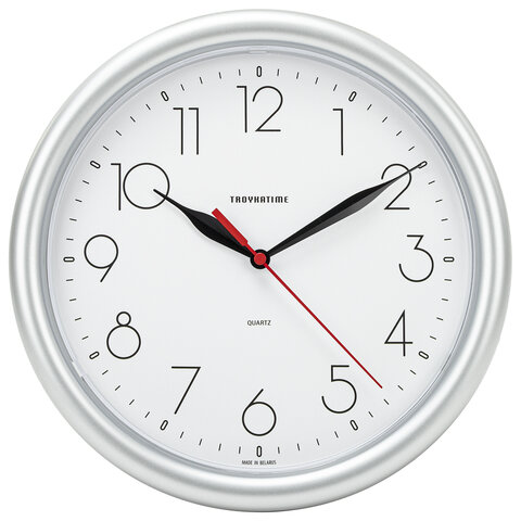 Часы настенные TROYKATIME (TROYKA) 21270212, круг, белые, серебристая рамка, 24,5х24,5х3,1 см оптом